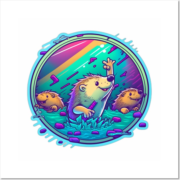 Cheeky Beavers Retrowave Neon Cartoon Wall Art by Remix Rick